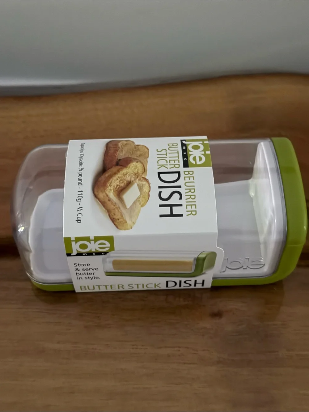 Joie Butter Stick Dish with Clear Lid and Green Accents